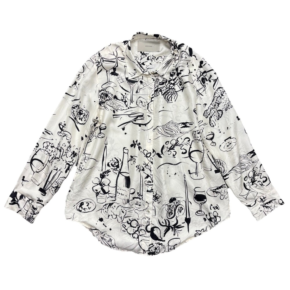 Asceno London Silk PJ Top Riviera Silk Wine Print Button Down Sleepwear Womens M